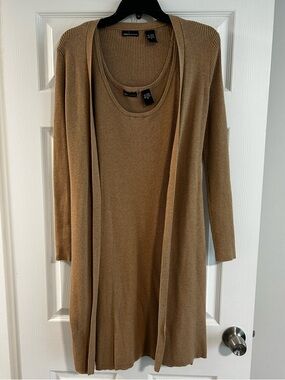 Moda International Long Sleeve Ribbed Tank Dress & Open Cardigan - Camel Brown